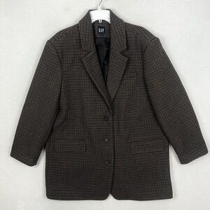 Gap Blazer Coat Womens XL Brown Houndstooth Wool Blend 3 Button Peacoat Overcoat